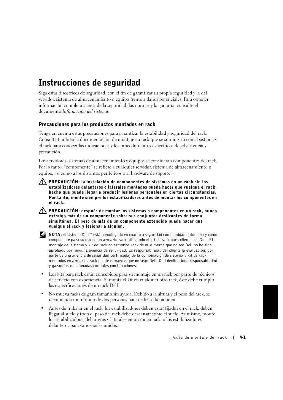 Instrucciones de seguridad, Instrucciones de seguridad -1, Precauciones para los productos montados en rack | Dell PowerVault 715N (Rackmount NAS Appliance) User Manual | Page 85 / 132