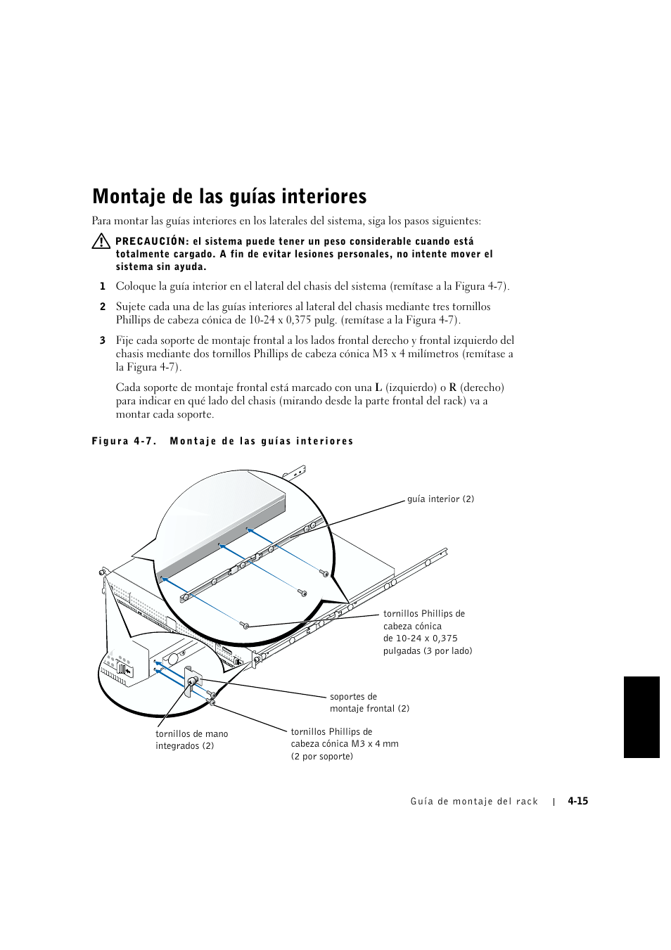 Montaje de las guías interiores, Montaje de las guías interiores -15, Montaje de ias guías interiores | Dell PowerVault 715N (Rackmount NAS Appliance) User Manual | Page 99 / 132