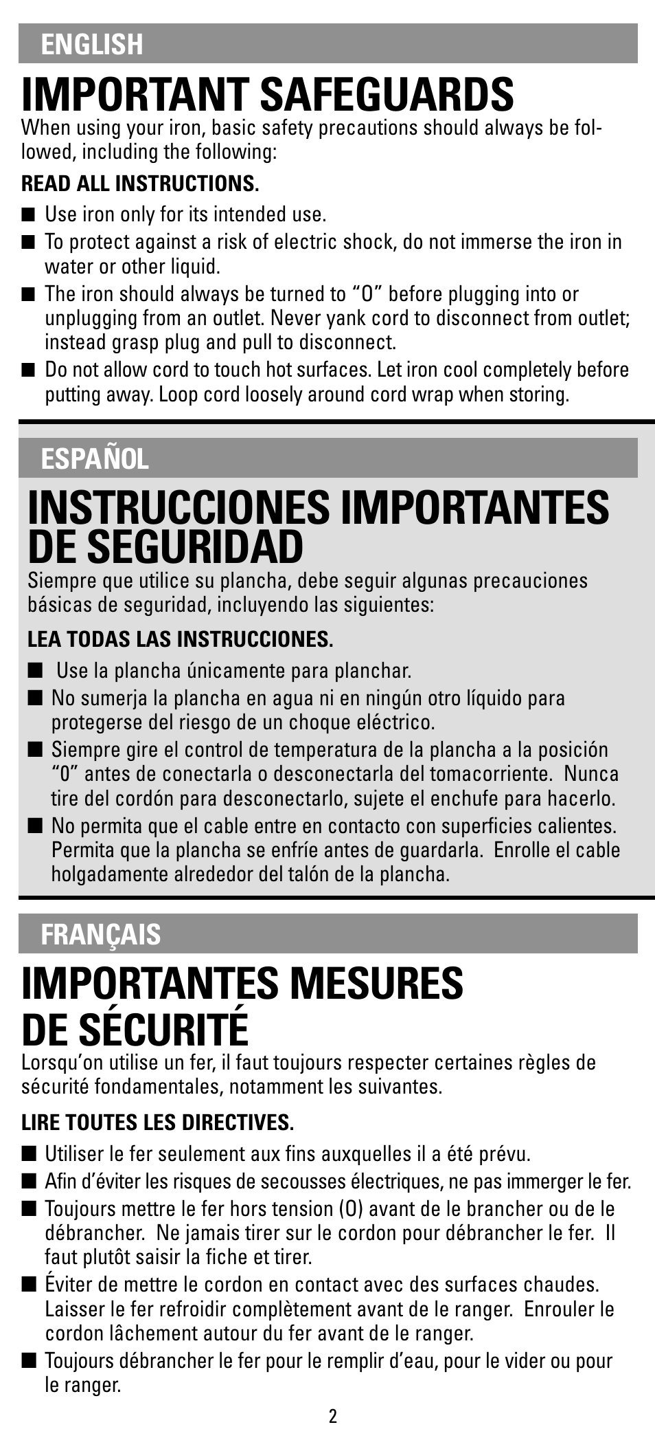 Safegaurds, Instrucciones, Mesures de securite | Important safeguards, Instrucciones importantes de seguridad, Importantes mesures de sécurité, Español, Français english | Black & Decker X400 Series User Manual | Page 2 / 12