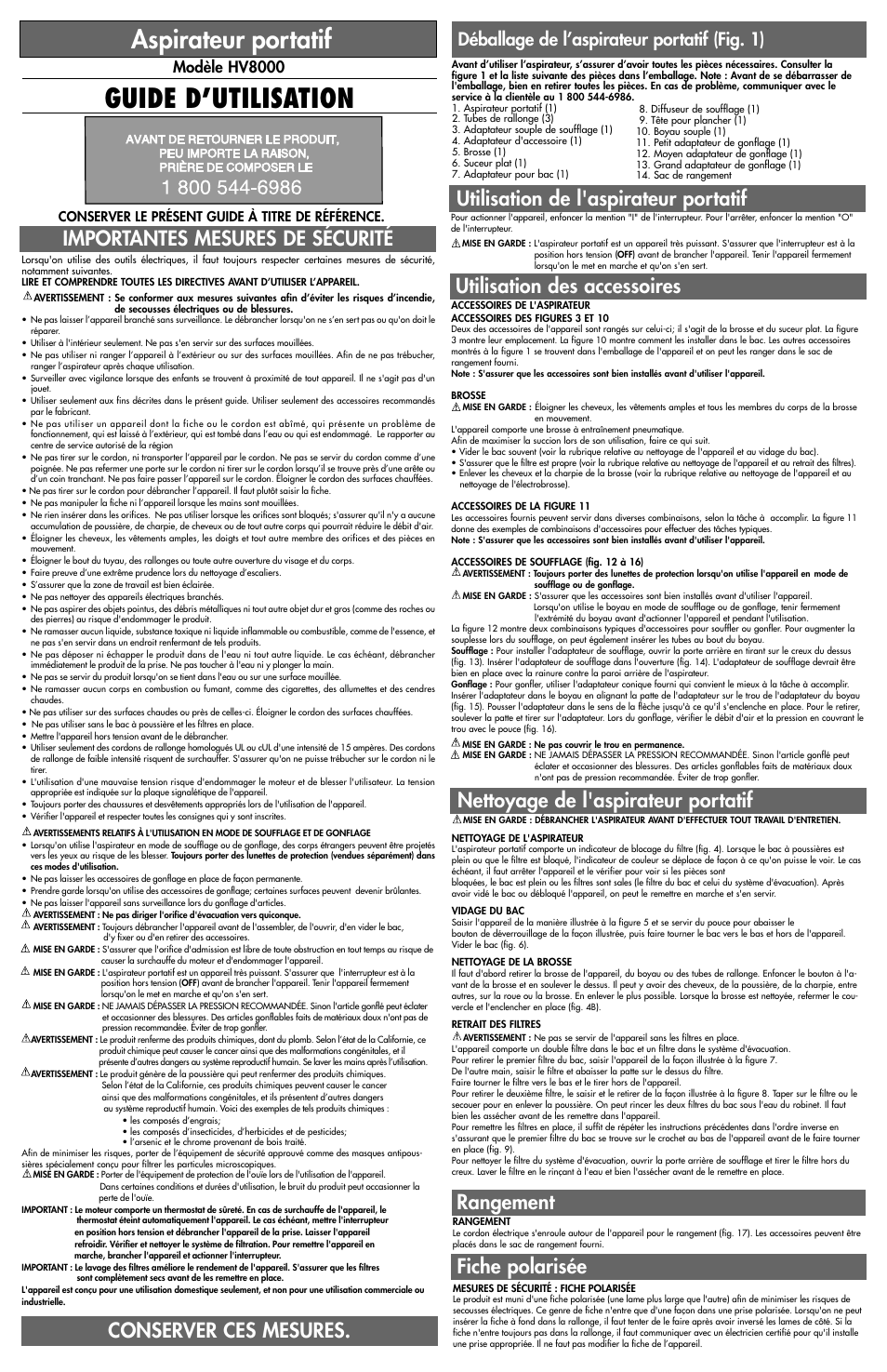 Guide d’utilisation, Aspirateur portatif, Conserver ces mesures | Rangement, Fiche polarisée, Déballage de l’aspirateur portatif (fig. 1), Modèle hv8000, Conserver le présent guide à titre de référence | Black & Decker 598068-01 User Manual | Page 3 / 5