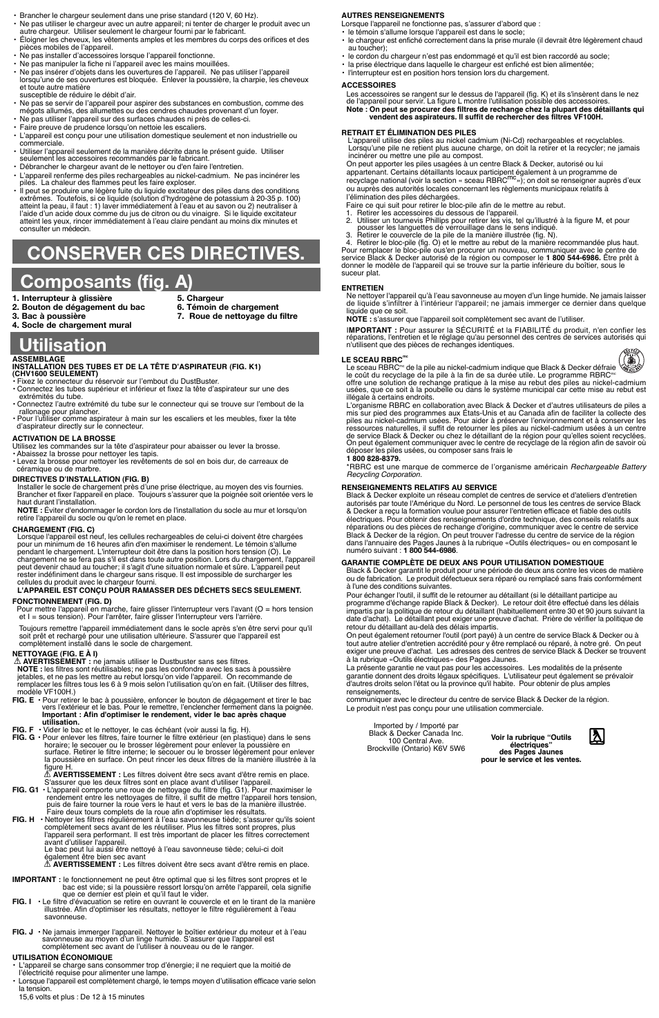 Conserver ces directives, Composants (fig. a) utilisation | Black & Decker Dust Buster CHV1600 User Manual | Page 3 / 5