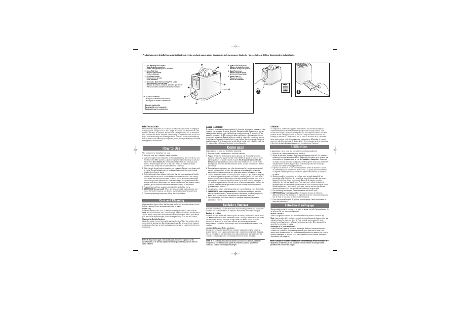 How to use, Como usar, Utilisation | Care and cleaning, Cuidado y limpieza, Entretien et nettoyage | Black & Decker T4000-T4150 User Manual | Page 2 / 2