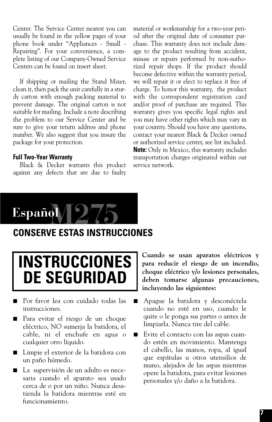 Warranty, Instrucciones, Batidora de pedestal | M275, Instrucciones de seguridad, Español, Conserve estas instrucciones | Black & Decker M275 User Manual | Page 7 / 12