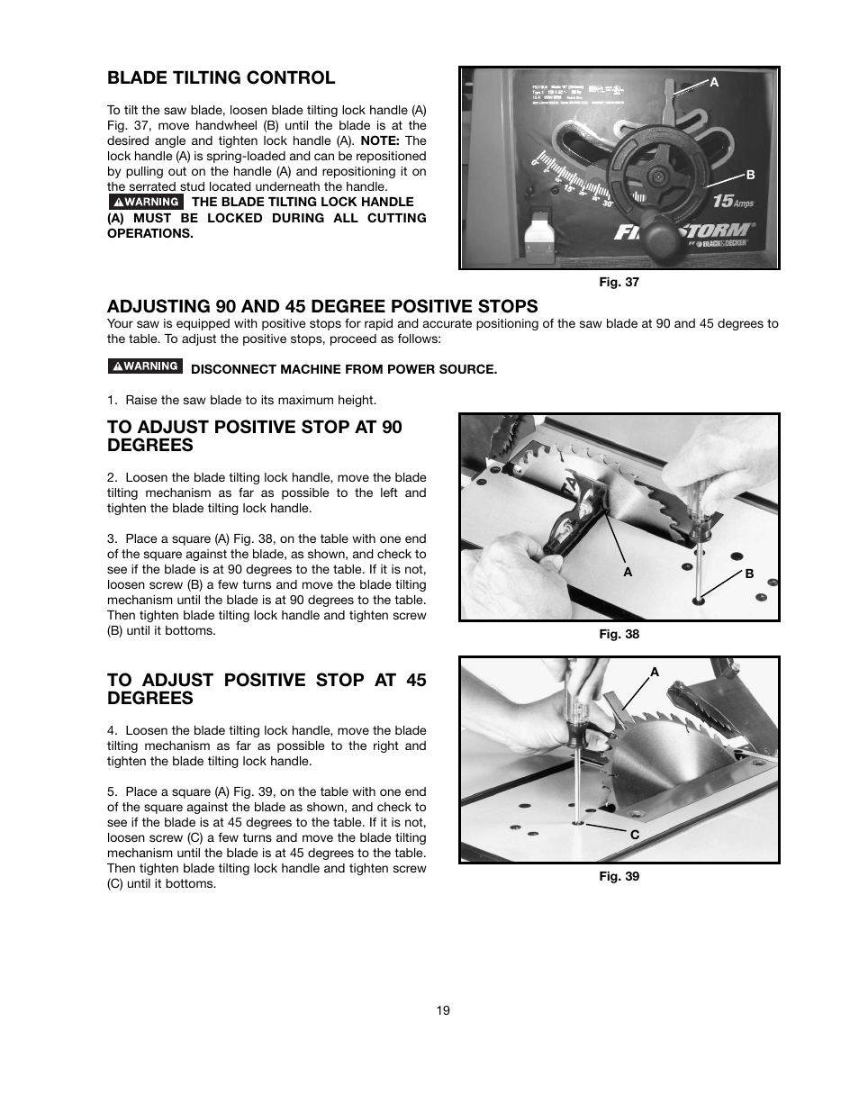 Blade tilting control, Adjusting 90 and 45 degree positive stops | Black & Decker FIRESTORM FS210LS User Manual | Page 19 / 68
