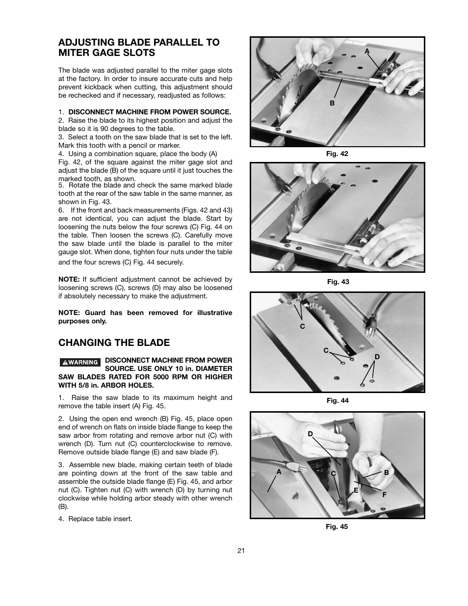 Adjusting blade parallel to miter gage slots, Changing the blade | Black & Decker FIRESTORM FS210LS User Manual | Page 21 / 68