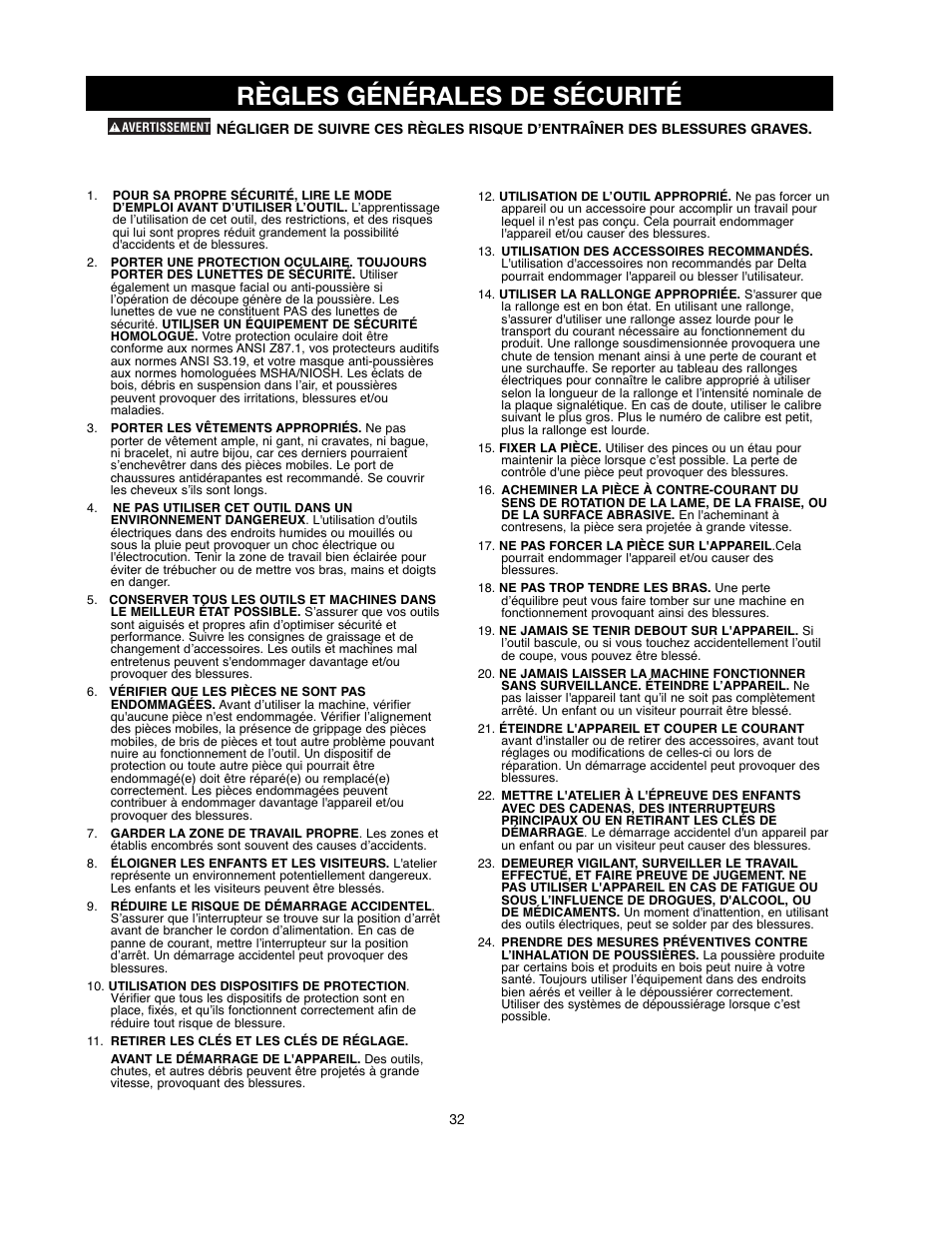 Règles générales de sécurité | Black & Decker FIRESTORM FS210LS User Manual | Page 32 / 68