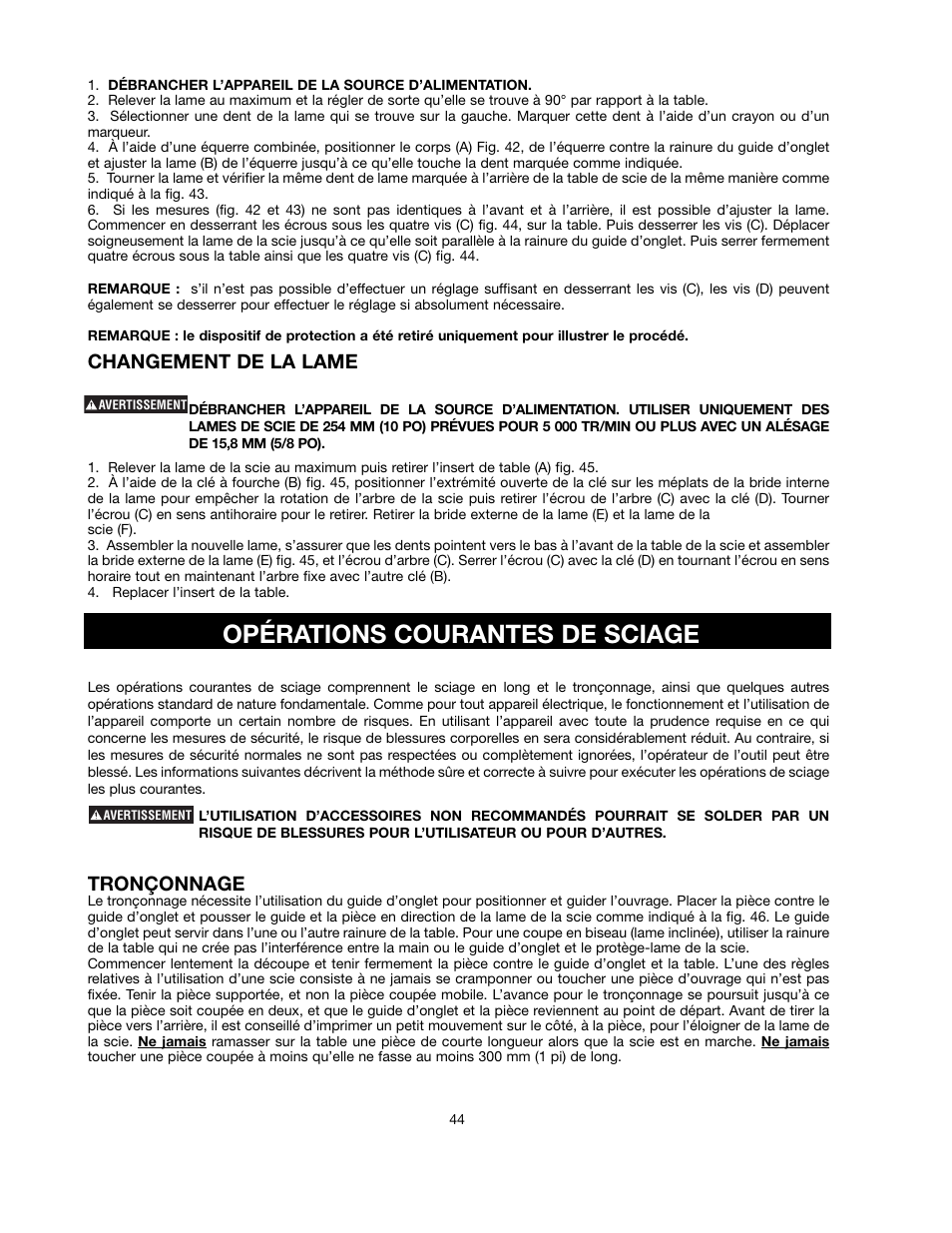 Opérations courantes de sciage, Changement de la lame, Tronçonnage | Black & Decker FIRESTORM FS210LS User Manual | Page 44 / 68