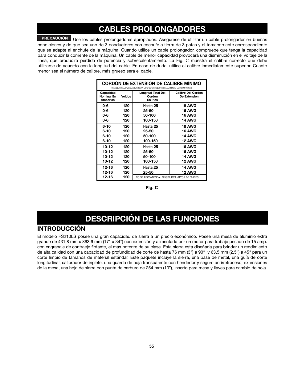 Cables prolongadores, Descripción de las funciones, Introducción | Black & Decker FIRESTORM FS210LS User Manual | Page 55 / 68