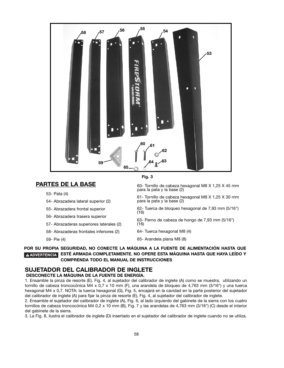 Partes de la base, Sujetador del calibrador de inglete | Black & Decker FIRESTORM FS210LS User Manual | Page 58 / 68