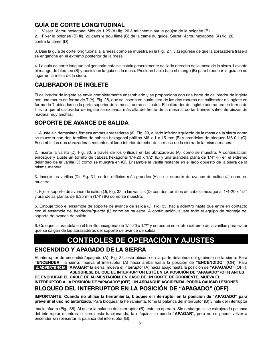 Controles de operación y ajustes, Guía de corte longitudinal, Calibrador de inglete | Soporte de avance de salida, Encendido y apagado de la sierra | Black & Decker FIRESTORM FS210LS User Manual | Page 61 / 68