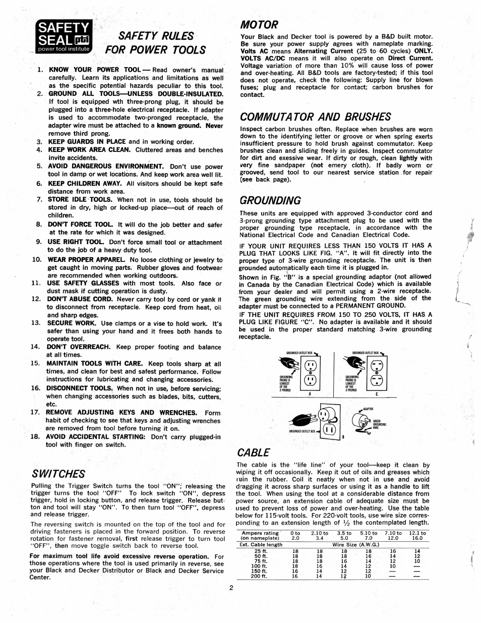 Safety rules for power tools, Switches, Motor | Commutator and brushes, Grounding, Cable | Black & Decker Scrugun 402 User Manual | Page 2 / 4