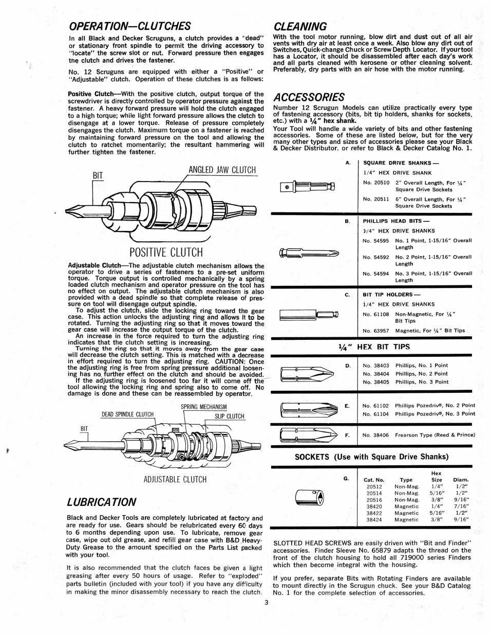 Opera tion-clutches, Lubrication, Cleaning | Accessories | Black & Decker Scrugun 402 User Manual | Page 3 / 4