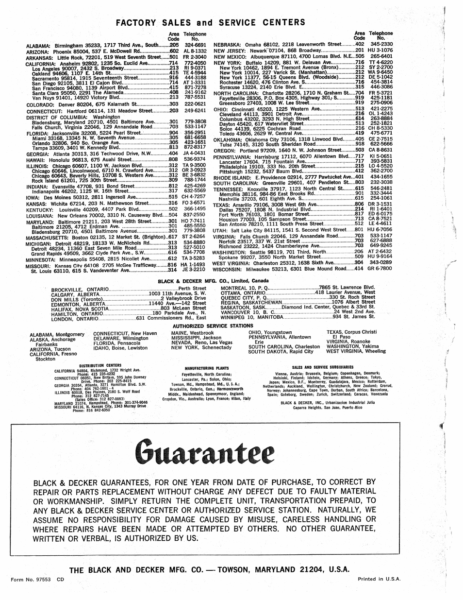 Factory sales and service centers, Guarantee | Black & Decker Scrugun 402 User Manual | Page 4 / 4