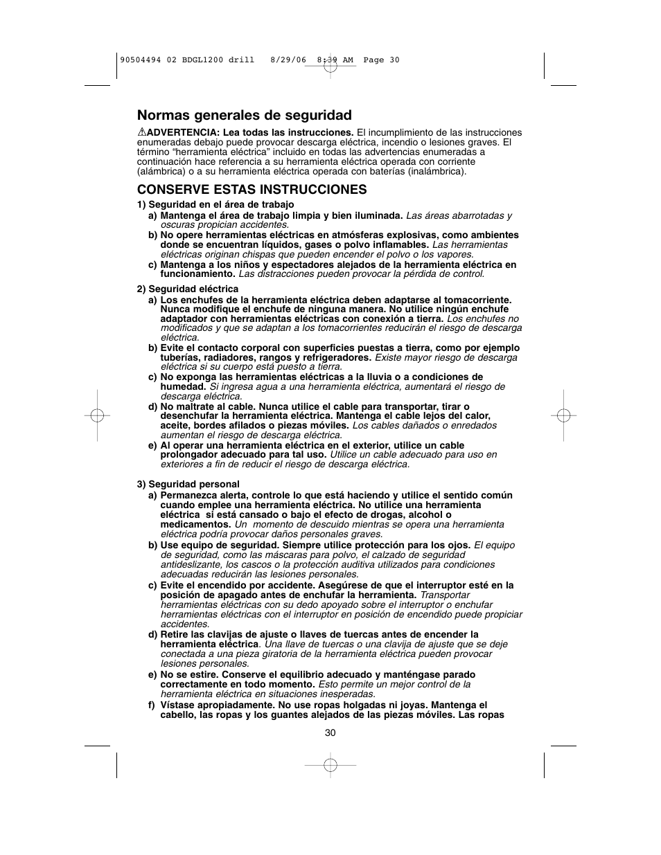 Normas generales de seguridad, Conserve estas instrucciones | Black & Decker 90504494 User Manual | Page 30 / 44
