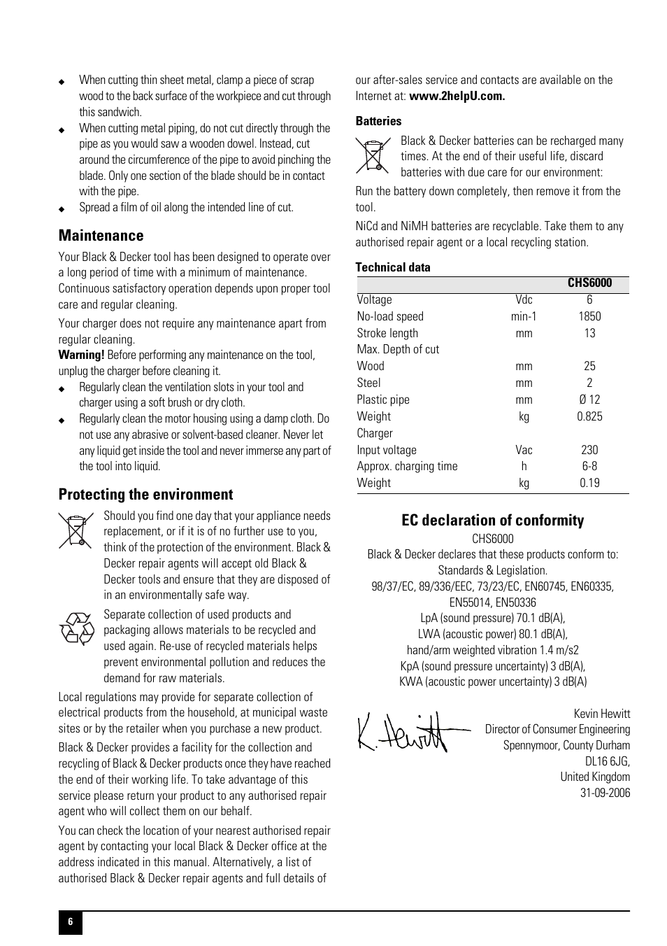 Maintenance, Protecting the environment, Ec declaration of conformity | Black & Decker 90510288 User Manual | Page 6 / 12