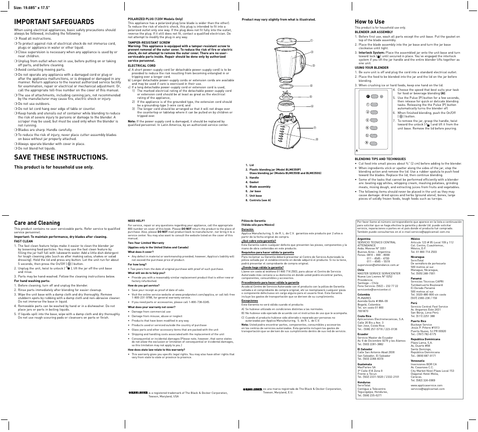 Important safeguards, Save these instructions, How to use | Care and cleaning | Black & Decker Crush Master BLM6350B User Manual | Page 2 / 2