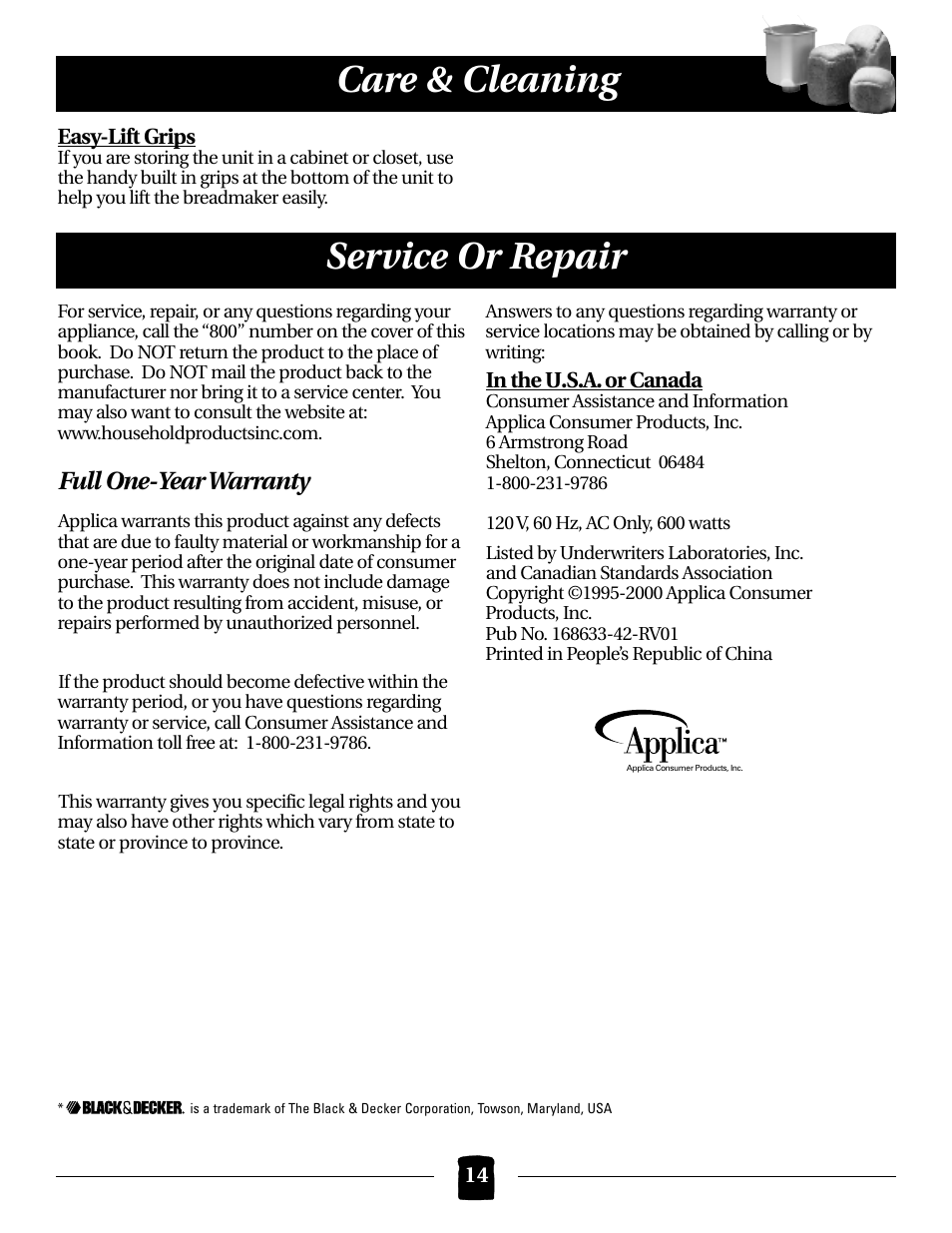 Care & cleaning service or repair, Full one-year warranty | Black & Decker B1561 User Manual | Page 14 / 36