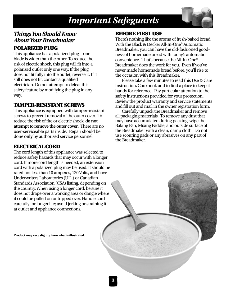 Important safeguards, Things you should know about your breadmaker | Black & Decker B1561 User Manual | Page 3 / 36