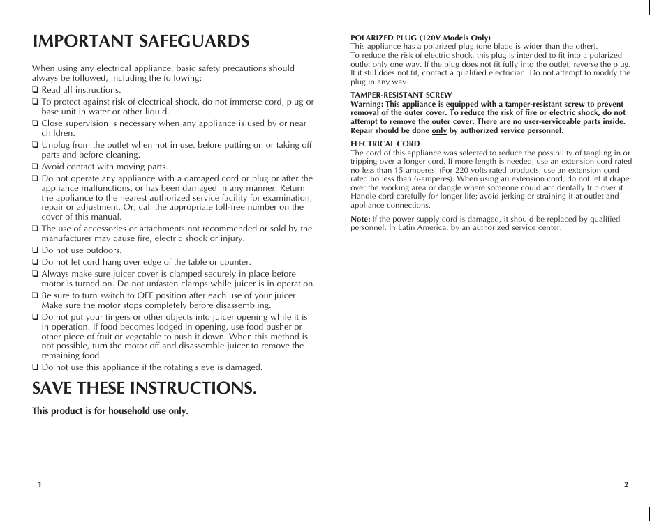 Save these instructions, Important safeguards | Black & Decker JE2060 User Manual | Page 2 / 13