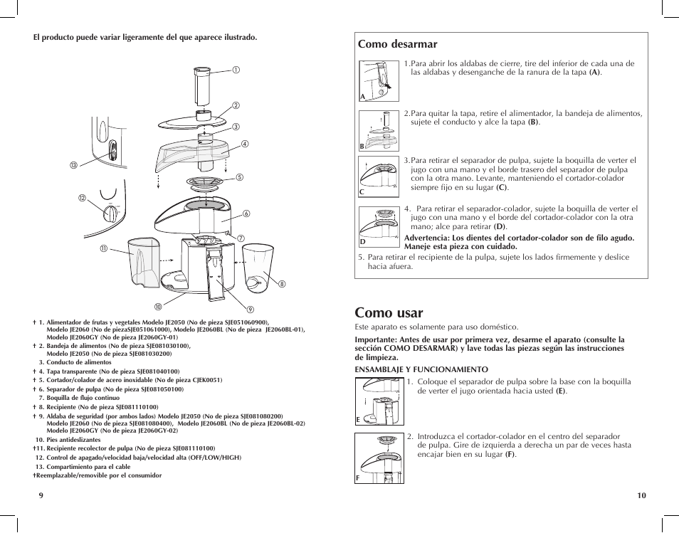 Como usar, Como desarmar, Hi off low | Black & Decker JE2060 User Manual | Page 6 / 13
