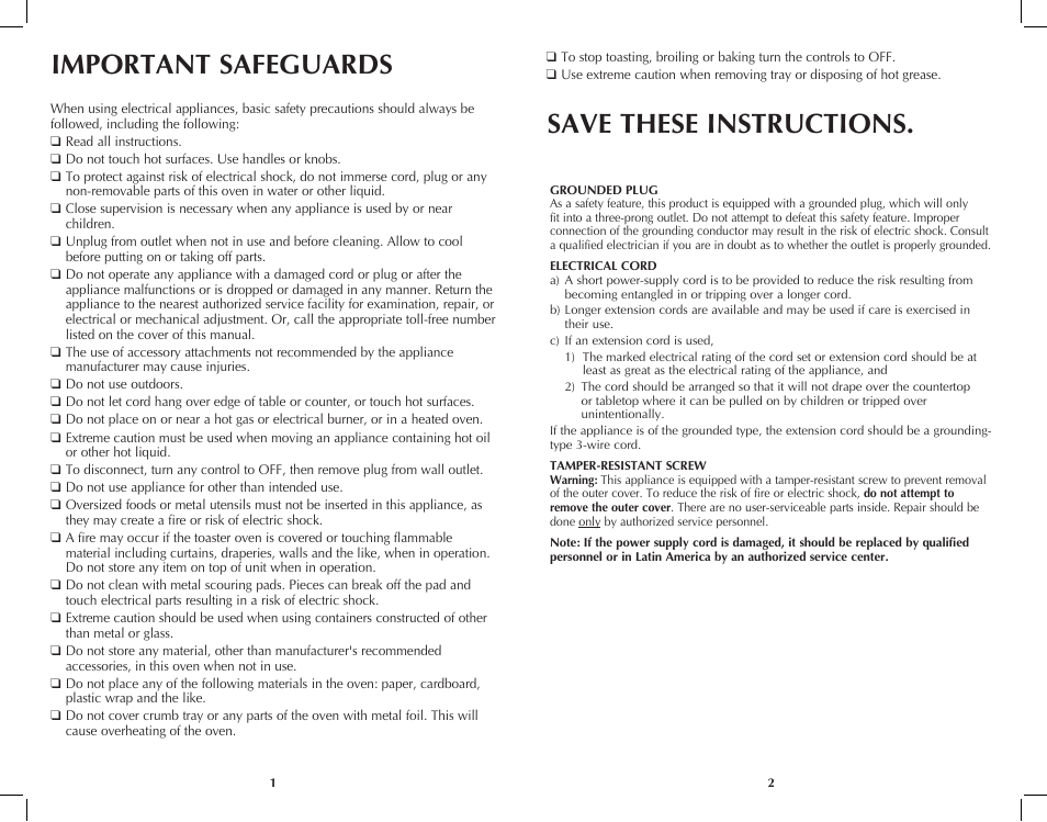 Important safeguards save these instructions | Black & Decker TRO4070 User Manual | Page 2 / 19