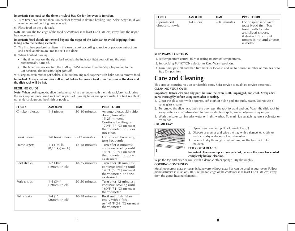Care and cleaning | Black & Decker TRO4070 User Manual | Page 5 / 19