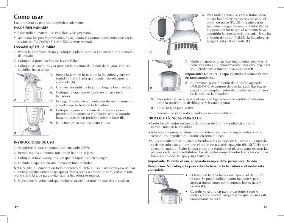 Como usar, Cups ozs, Cups ozs clean grate grind beat puls e lique fy | Black & Decker BLC12750HMS User Manual | Page 10 / 17