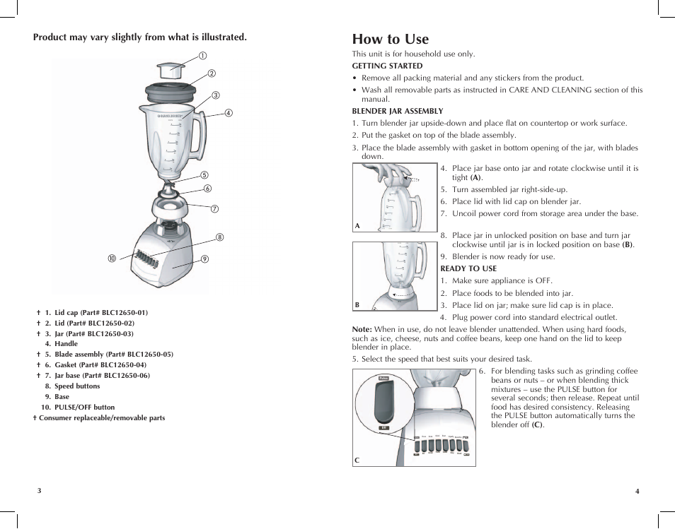 How to use, Cups ozs, Cups ozs clean grate grind beat puls e lique fy | Black & Decker BLC12750HMS User Manual | Page 3 / 17