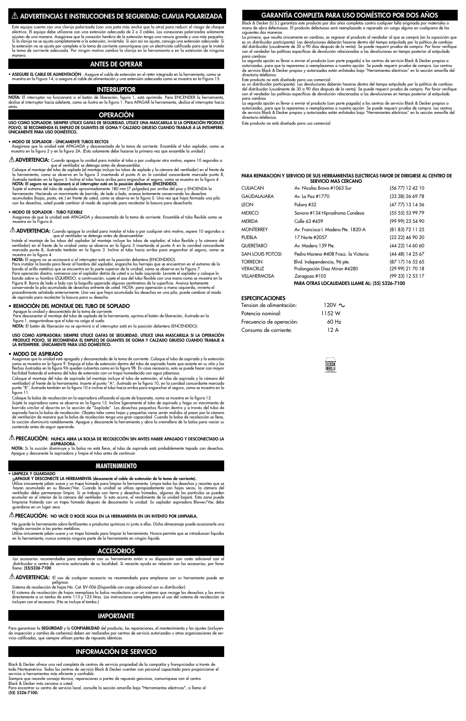 Antes de operar, Interruptor, Operación | Mantenimiento, Accesorios, Importante, Información de servicio, Garantía completa para uso doméstico por dos años | Black & Decker Leaf Hog 617365-00 User Manual | Page 4 / 4