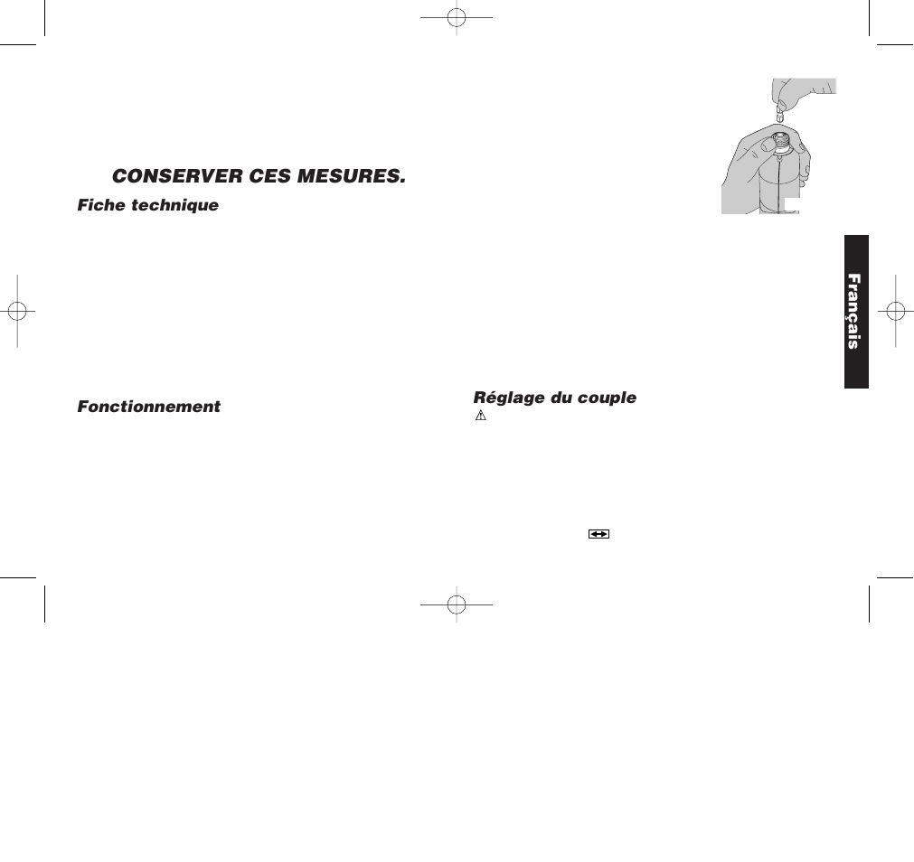 Conserver ces mesures, Fiche technique, Fonctionnement | Réglage du couple, Français | Black & Decker DW901 User Manual | Page 14 / 26