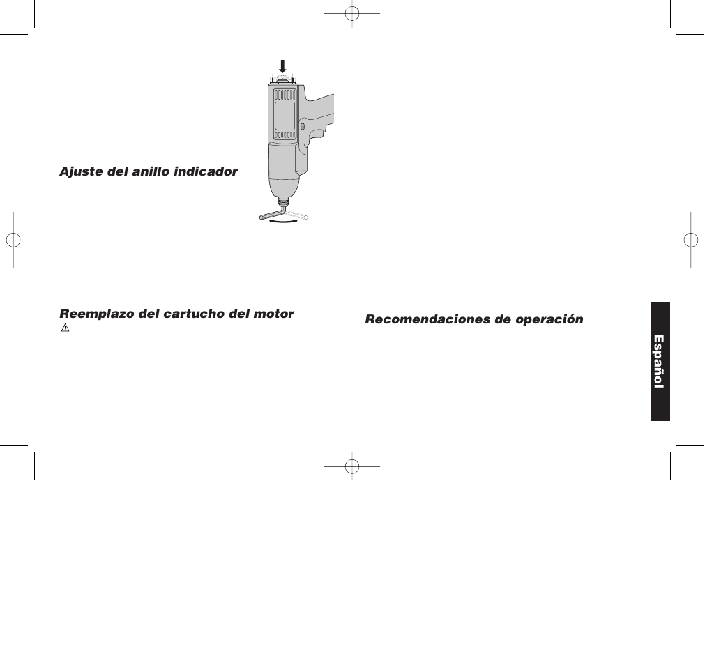 Ajuste del anillo indicador, Reemplazo del cartucho del motor, Recomendaciones de operación | Español | Black & Decker DW901 User Manual | Page 24 / 26