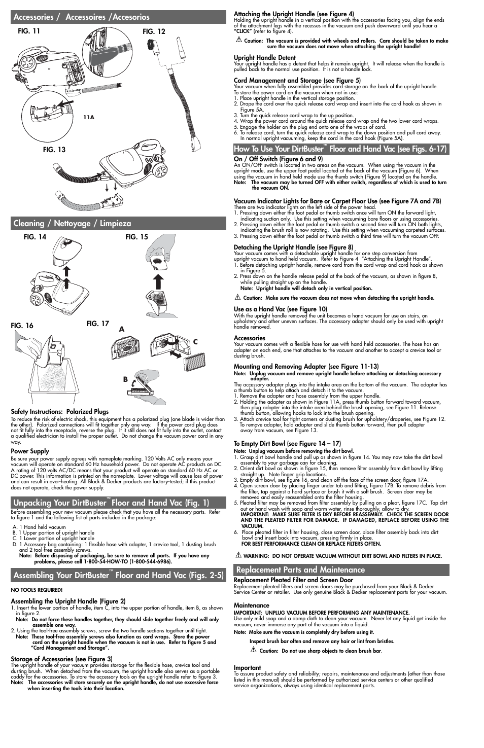 Unpacking your dirtbuster, Floor and hand vac (fig. 1), Replacement parts and maintenance | Assembling your dirtbuster, Floor and hand vac (see figs. 6-17) | Black & Decker FV5000 User Manual | Page 2 / 5