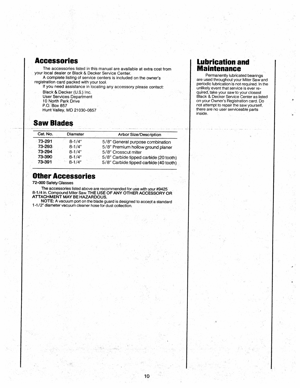 Accessories, Saw biades, Other accessories | Lubrication and maintenance | Black & Decker 81/4" COMPUND MITER SAW 9425 User Manual | Page 10 / 12