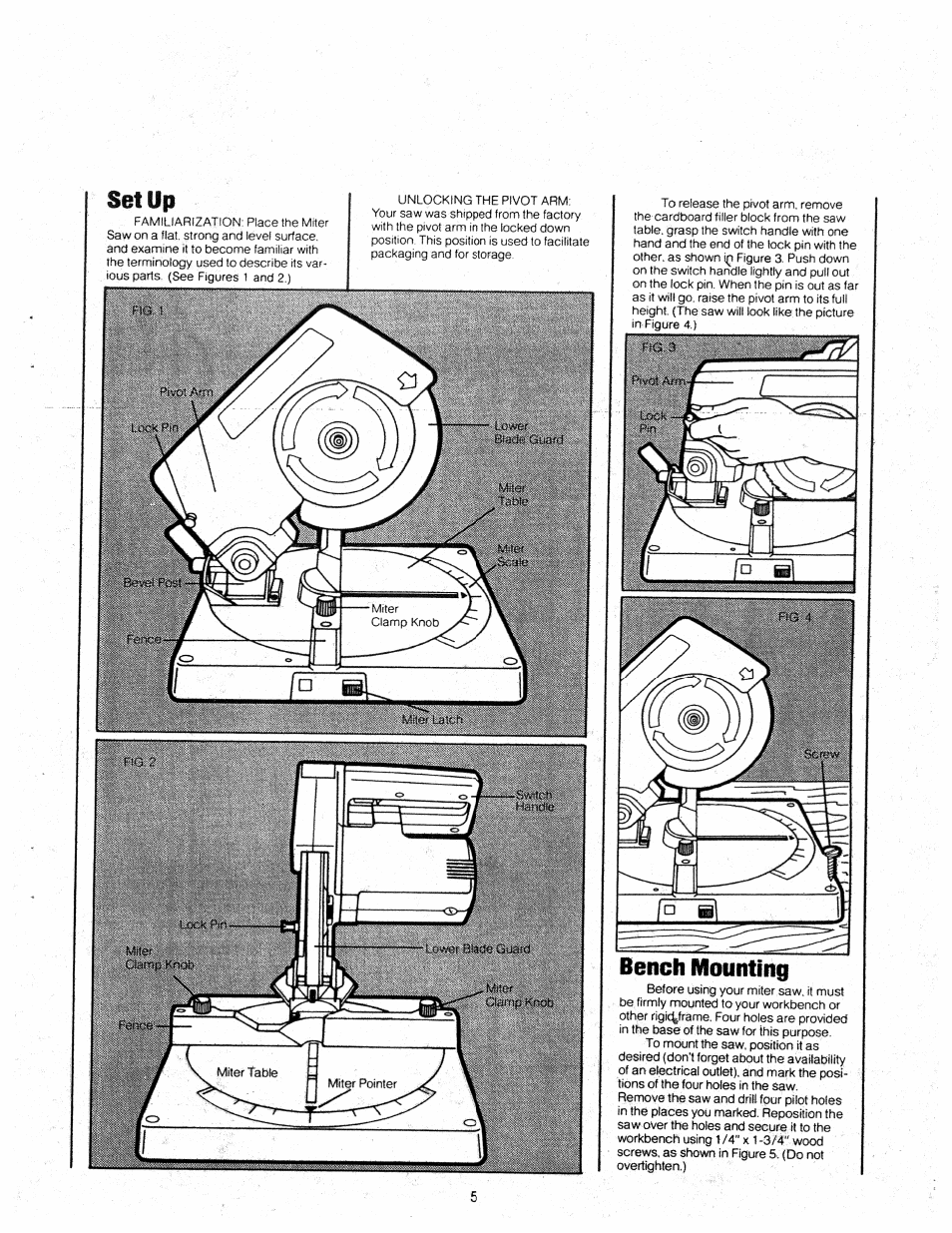 Bench mounting, Setup | Black & Decker 81/4" COMPUND MITER SAW 9425 User Manual | Page 5 / 12