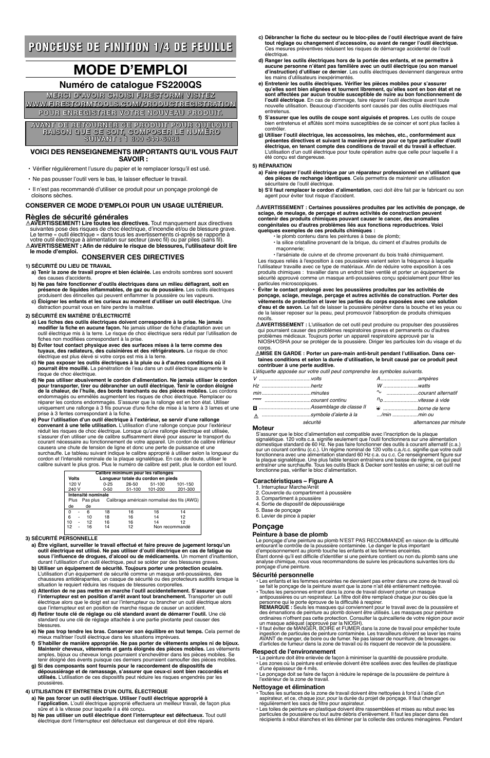 Mode d’emploi, Numéro de catalogue fs2200qs | Black & Decker Fire Storm FS2200QS User Manual | Page 3 / 6