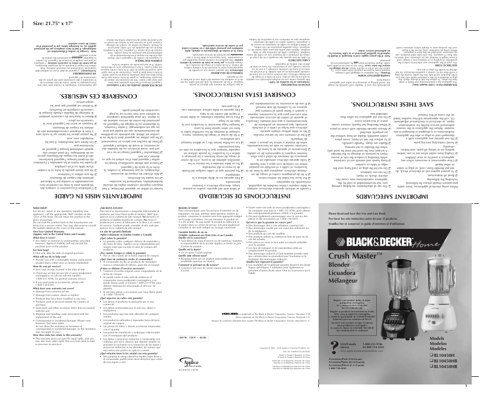 Crush master, Save these instructions, Conserve estas instrucciones | Conserver ces mesures, Blender licuadora mélangeur | Black & Decker BL10450HR User Manual | Page 2 / 2