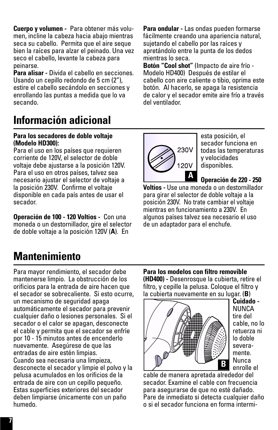 Información adicional, Mantenimiento | Black & Decker HD200 User Manual | Page 7 / 8