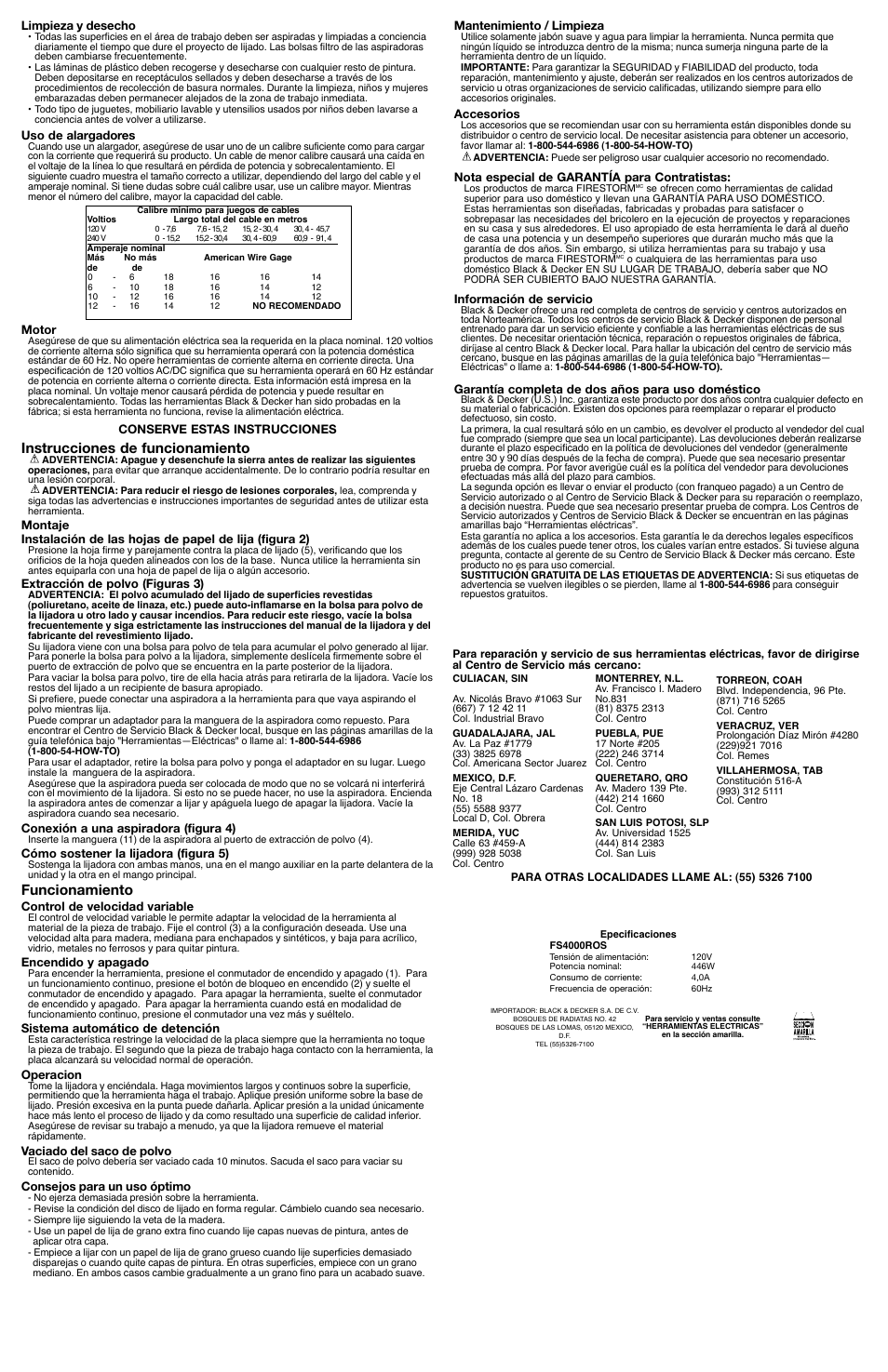 Instrucciones de funcionamiento, Funcionamiento | Black & Decker Fire Storm FS4000ROS User Manual | Page 5 / 5