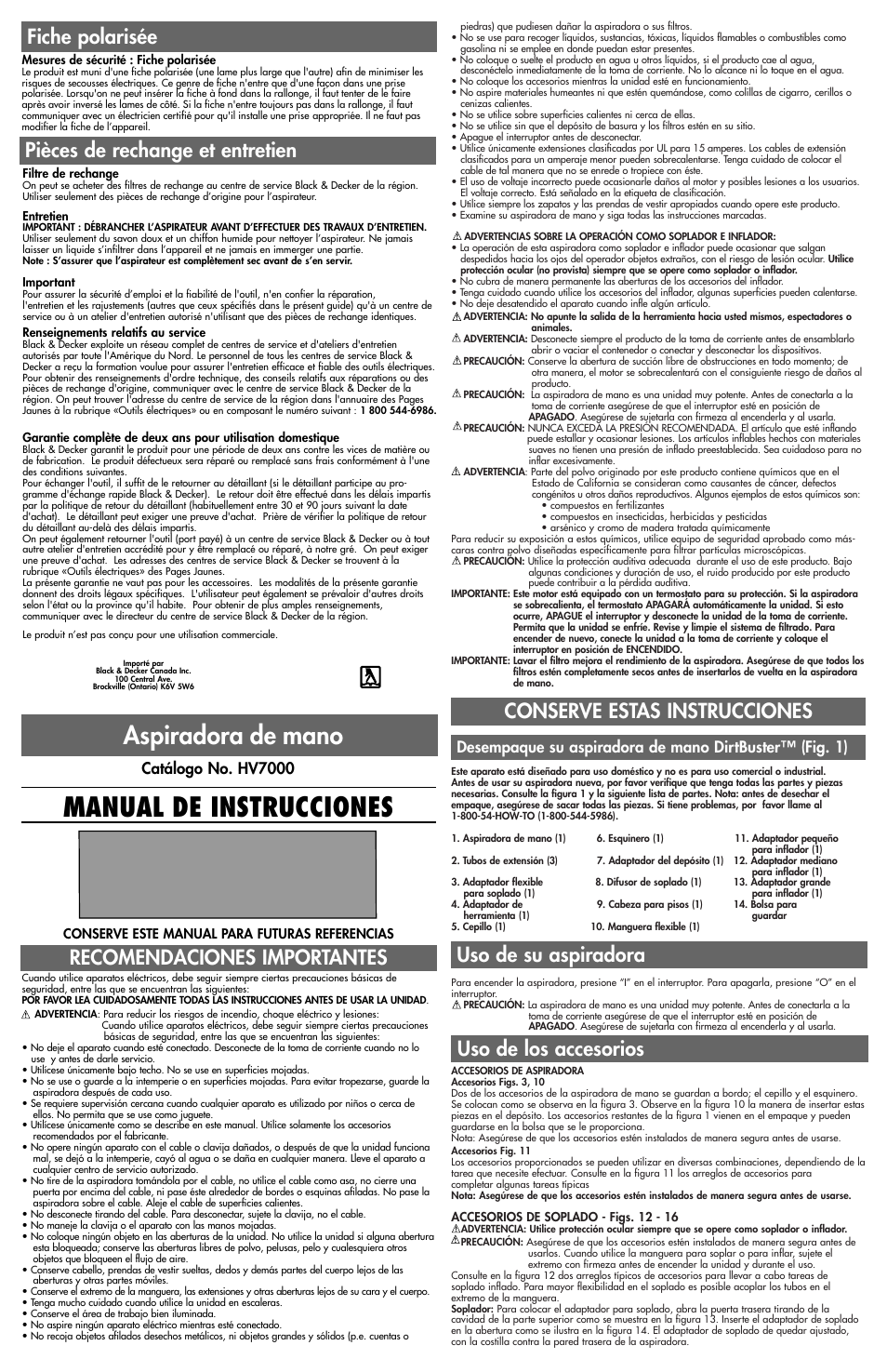 Manual de instrucciones, Aspiradora de mano, Conserve estas instrucciones | Uso de su aspiradora, Recomendaciones importantes, Pièces de rechange et entretien, Uso de los accesorios fiche polarisée, Catálogo no. hv7000 | Black & Decker Dirt Buster 244279-00 User Manual | Page 4 / 5