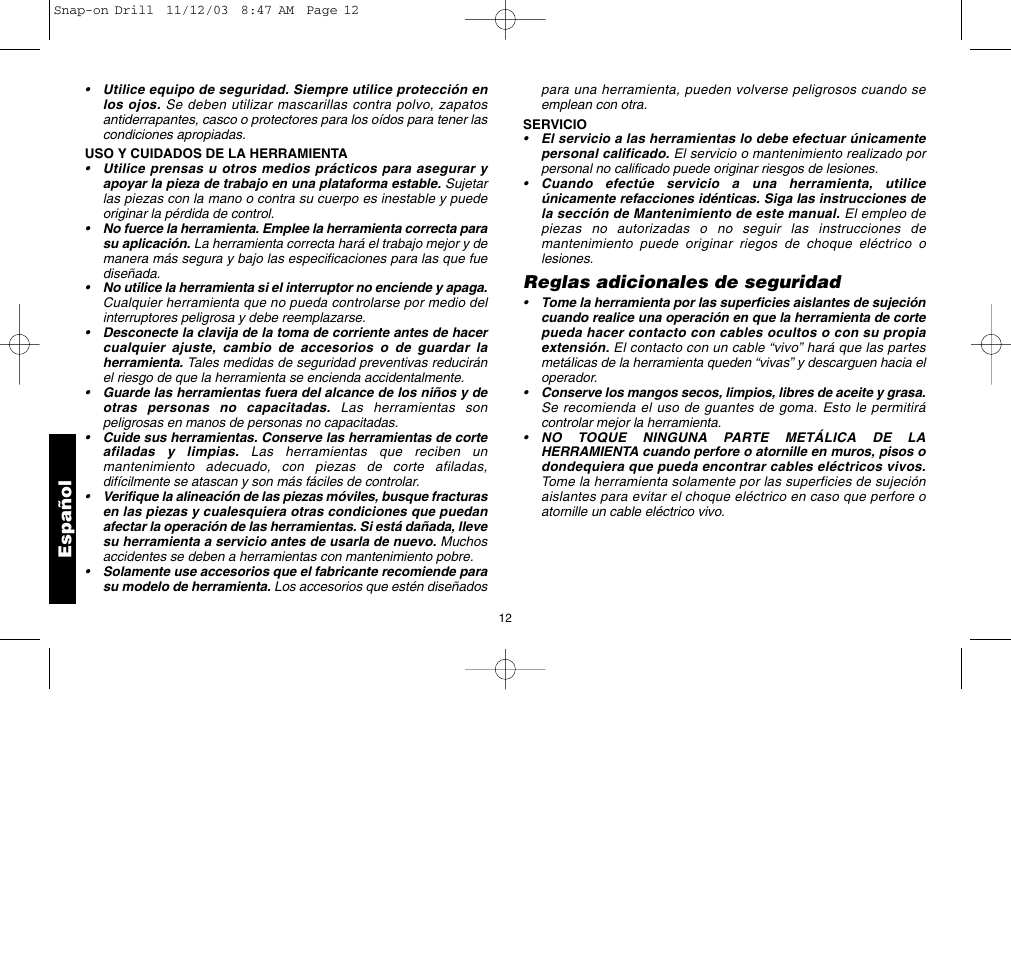 Español, Reglas adicionales de seguridad | Black & Decker ET1265 User Manual | Page 16 / 21