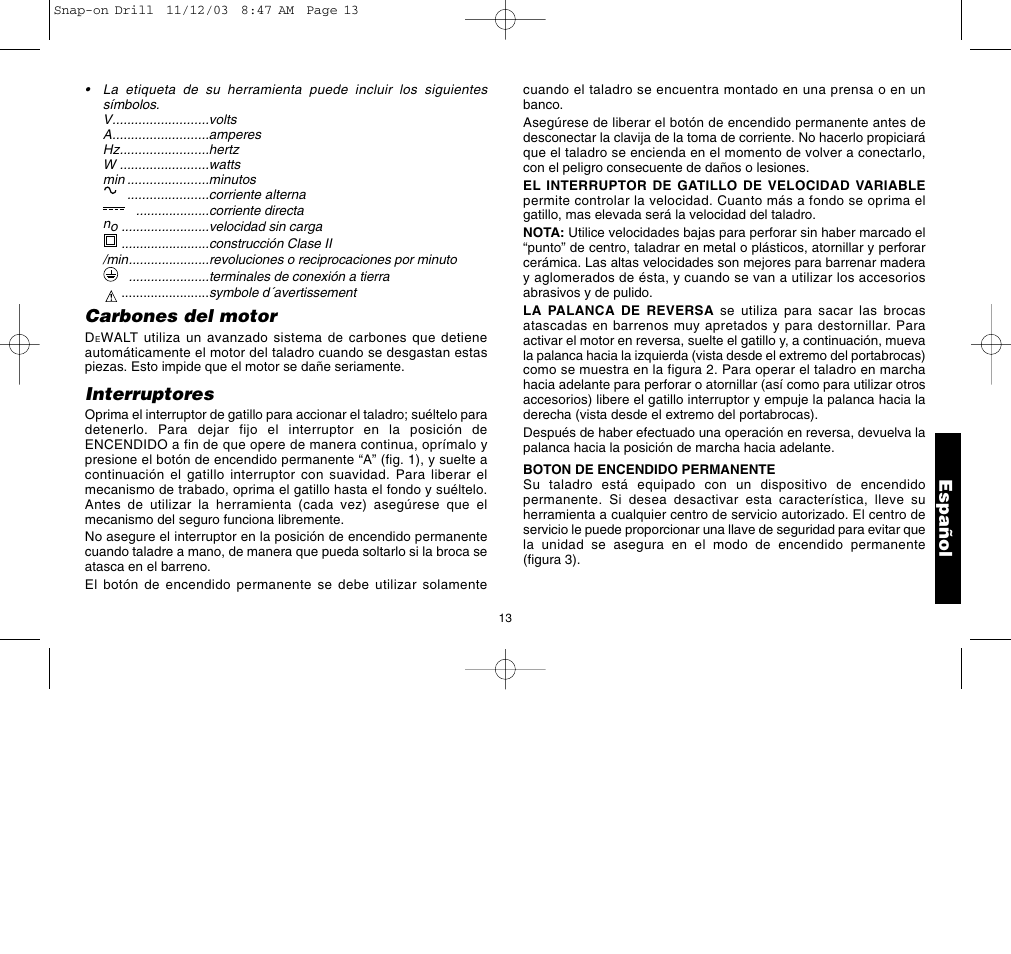 Español, Carbones del motor, Interruptores | Black & Decker ET1265 User Manual | Page 17 / 21