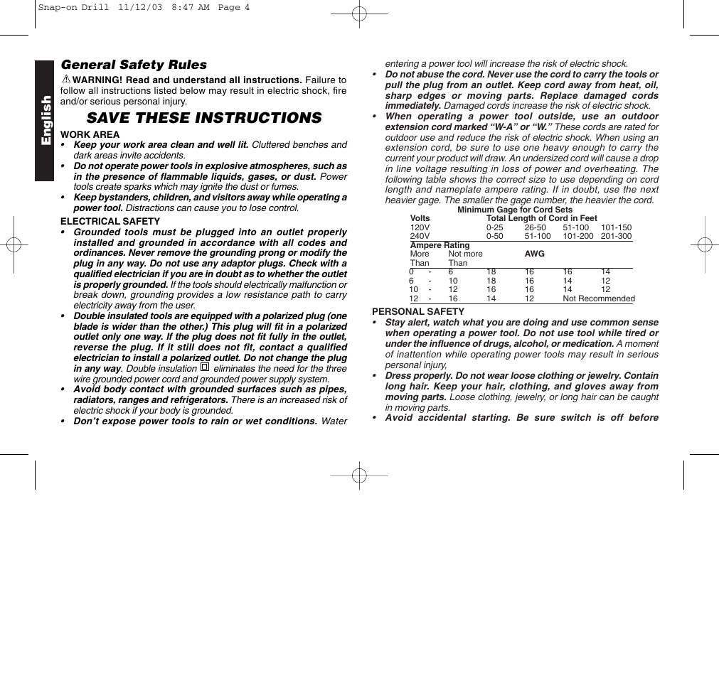 Save these instructions, English general safety rules | Black & Decker ET1265 User Manual | Page 4 / 21