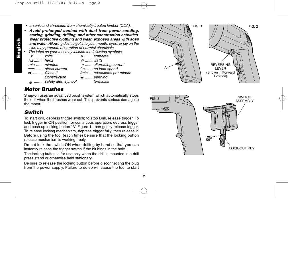 Motor brushes, Switch, English | Black & Decker ET1265 User Manual | Page 6 / 21
