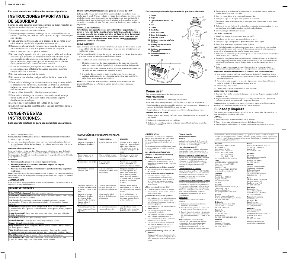 Instrucciones importantes de seguridad, Conserve estas instrucciones, Como usar | Cuidado y limpieza | Black & Decker Crush Master BL10450HUC User Manual | Page 2 / 2