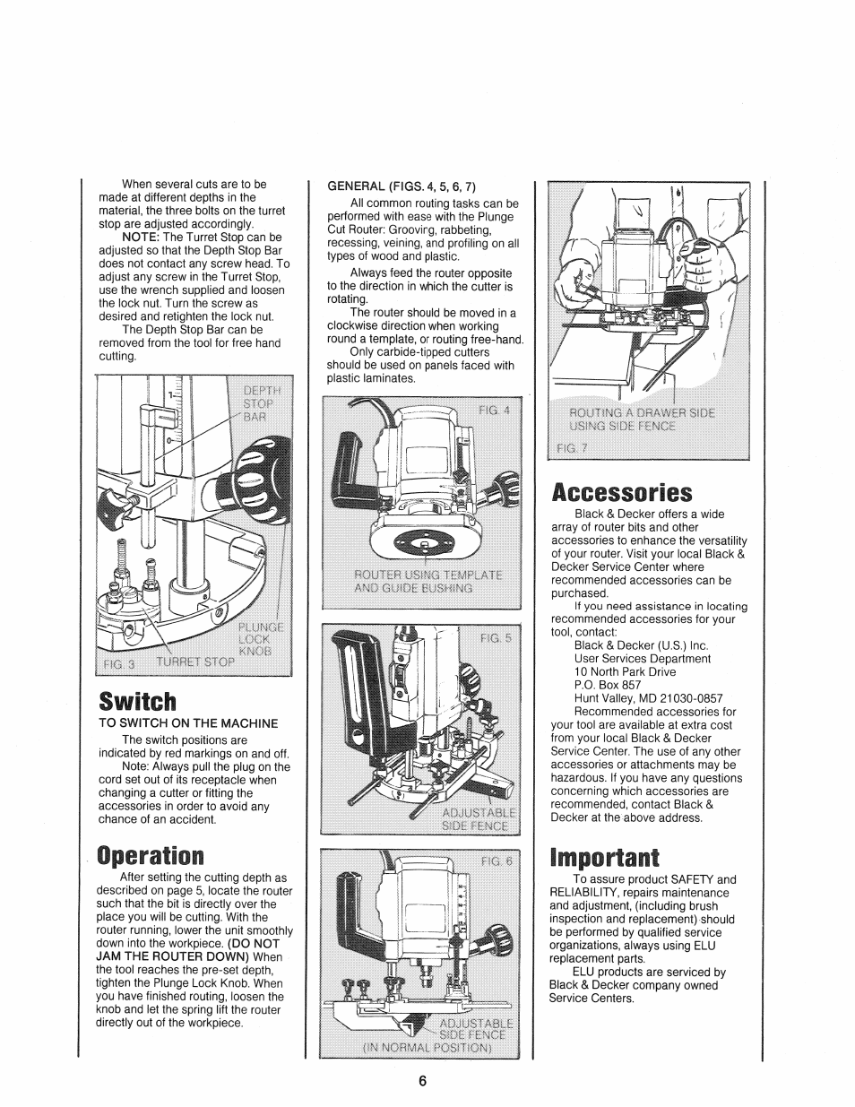 Switch, Operation, Accessories | Important | Black & Decker ELU 3303 User Manual | Page 6 / 8