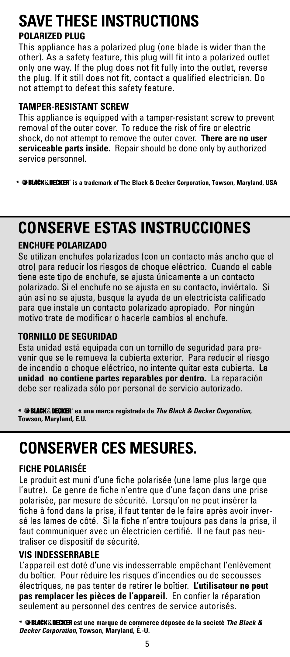 Save these instructions, Conserve estas instrucciones, Conserver ces mesures | Black & Decker X700 User Manual | Page 5 / 16