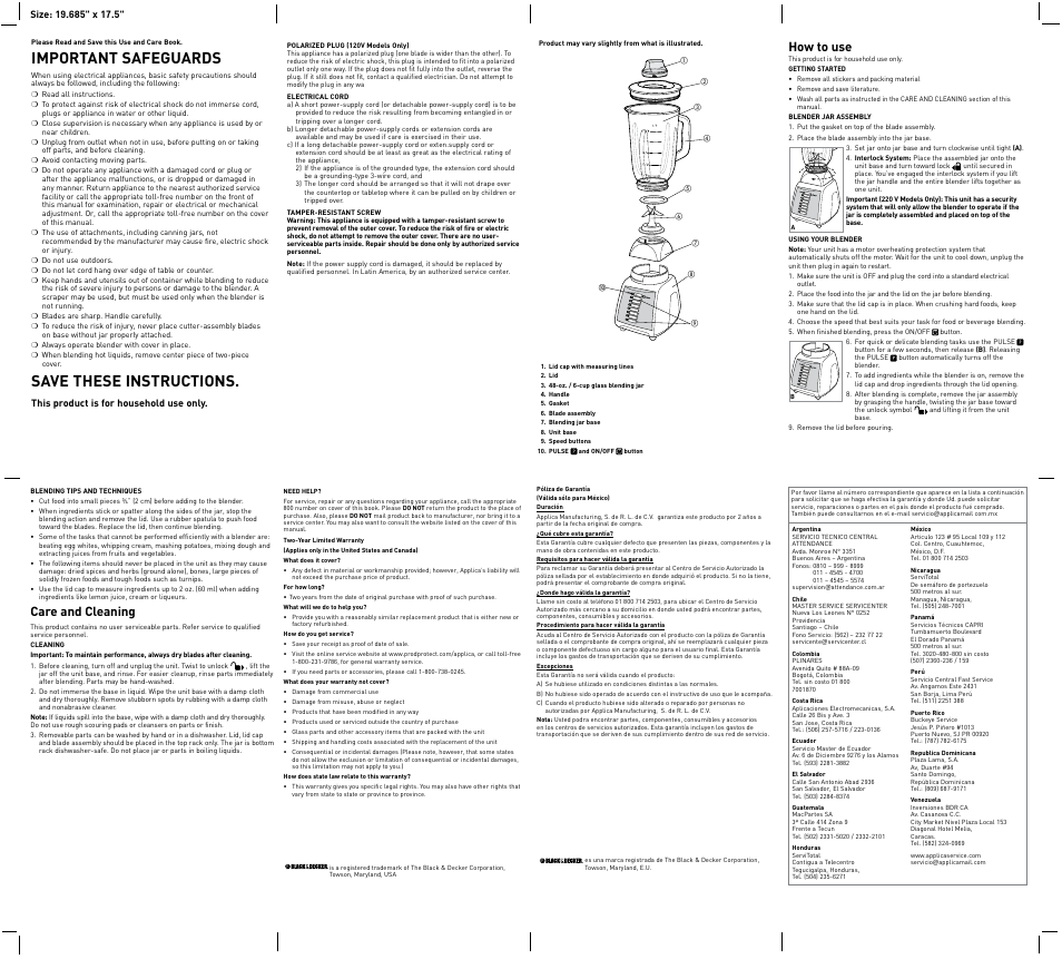 Important safeguards, Save these instructions, How to use | Care and cleaning | Black & Decker BLP7600BFUC User Manual | Page 2 / 2