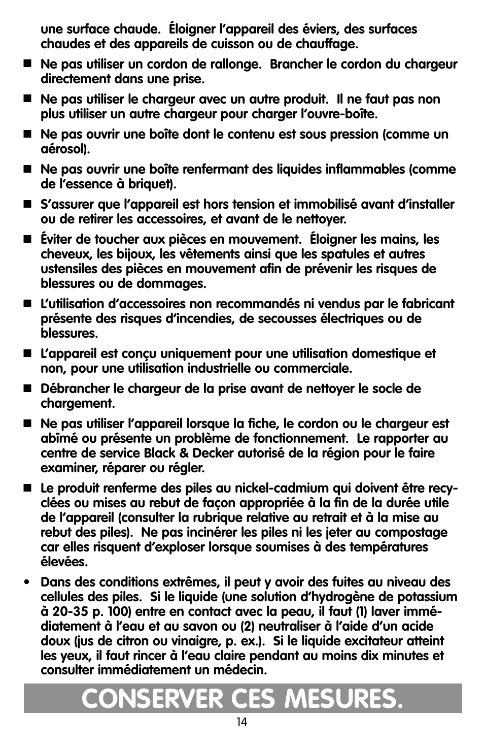 Conserver ces mesures | Black & Decker KEC500 User Manual | Page 14 / 20