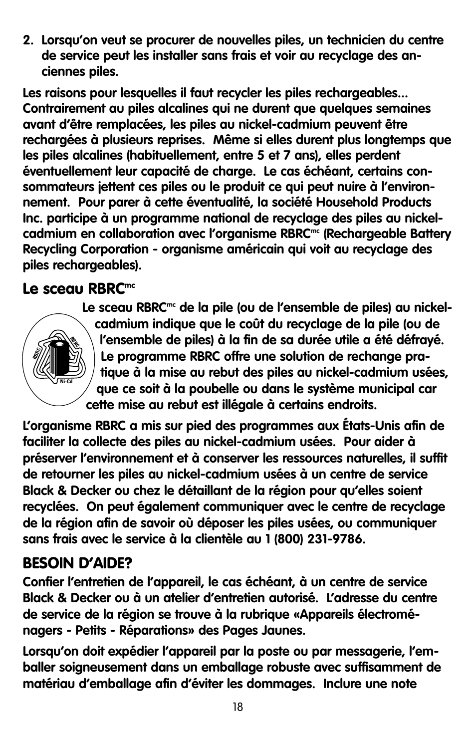Le sceau rbrc, Besoin d’aide | Black & Decker KEC500 User Manual | Page 18 / 20