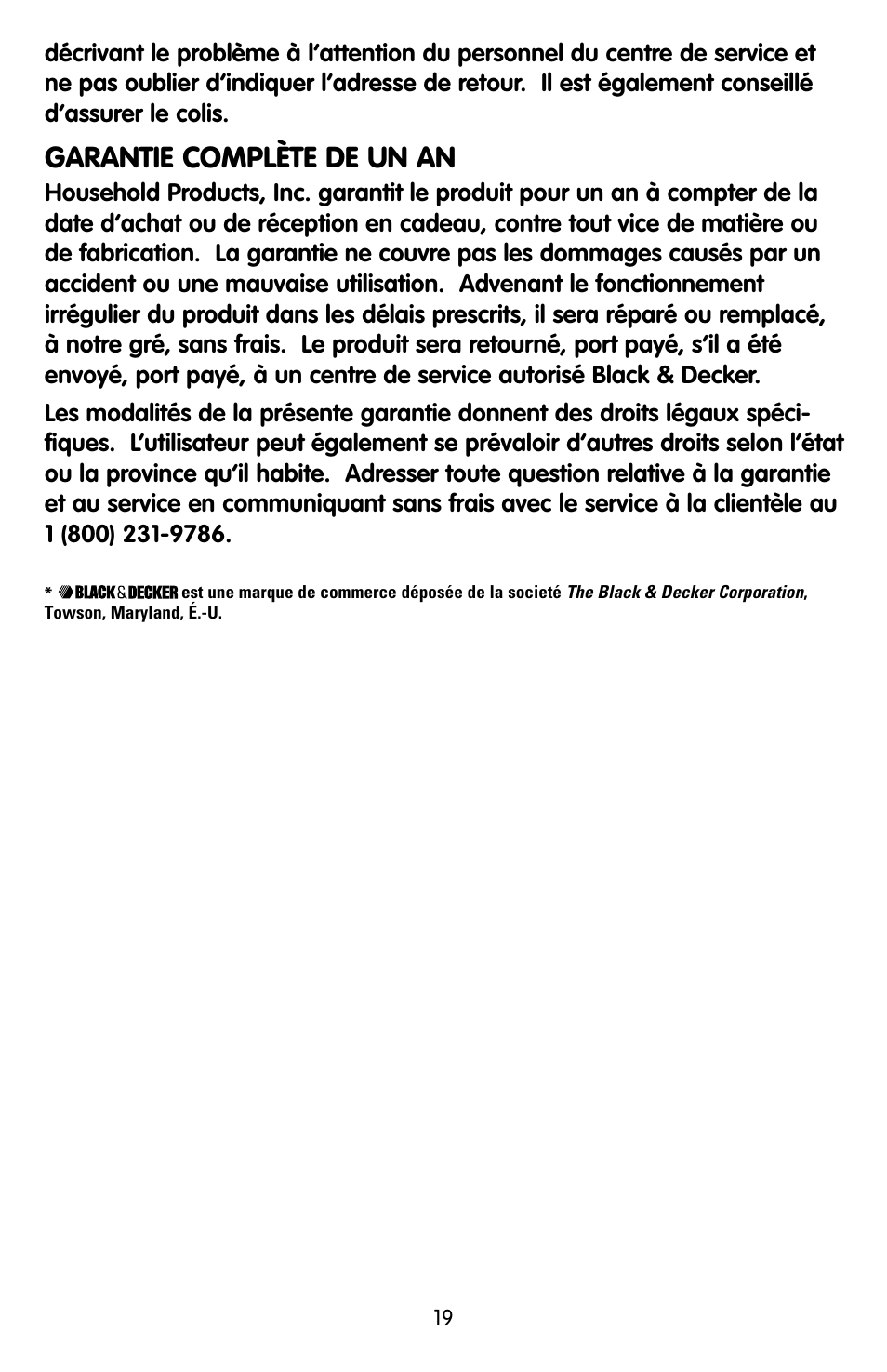 Garantie complète de un an | Black & Decker KEC500 User Manual | Page 19 / 20